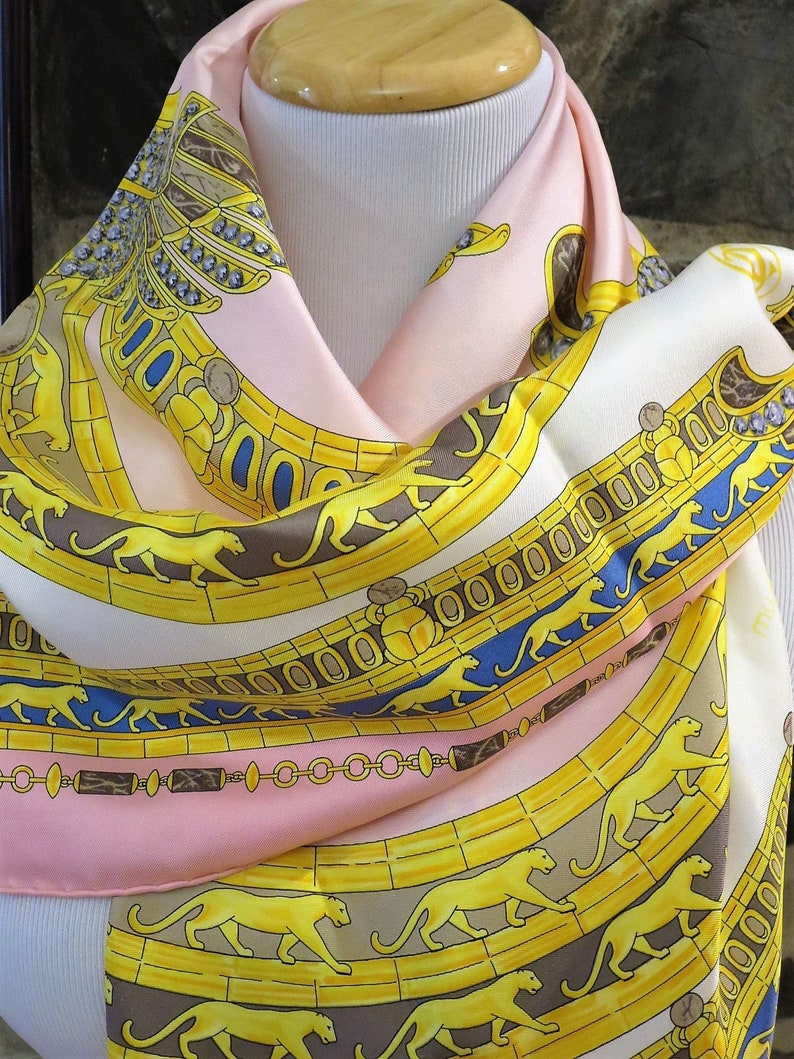 CARTIER SILK SCARF Vintage L'Égypte Scarab and Panther Motif with Original Cartier Tag image 4