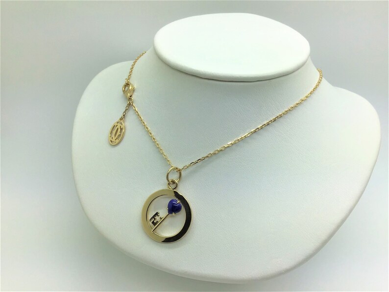 CARTIER VINTAGE PENDANT w Chain, "Key to My Heart" Motif, Cartier Paperwork & Box, Cartier Necklace, 18kt Yellow Gold, Lapis Lazuli, image 9