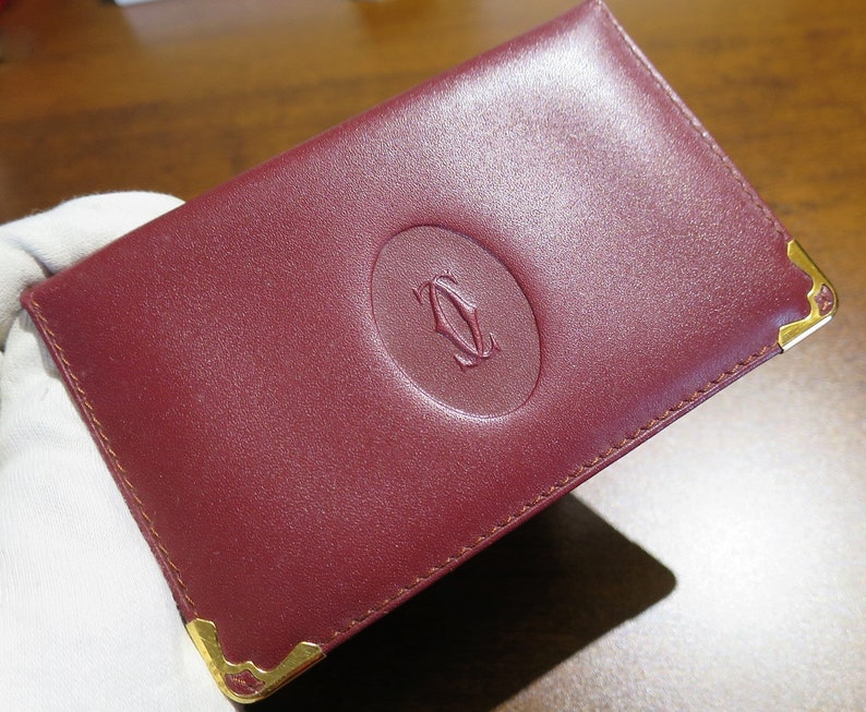 CARTIER PASS/ID Holder, Burgundy Cowhide w Golden Appointments, Includes Cartier Box & Certificate, Cartier Wallet, Cartier Leather Goods afbeelding 1