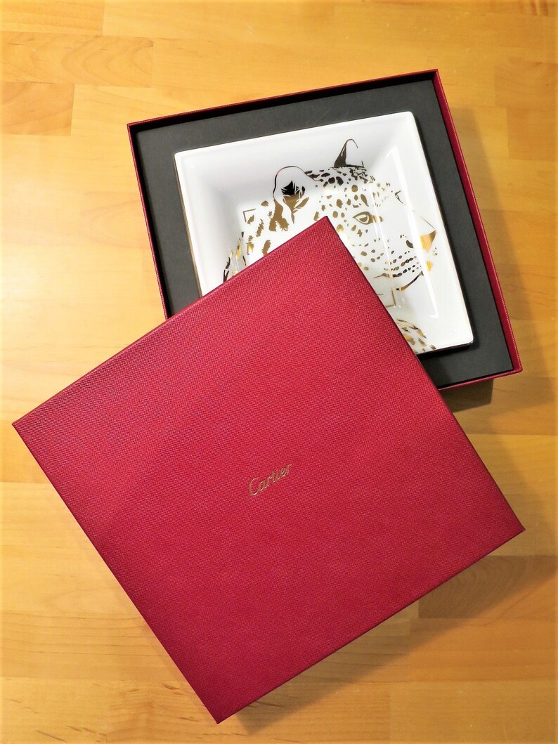 CARTIER TRAY, "Leopard" Panthere Motif, Ideal for Jewelry & Vanity, Luxury Fine Porcelain, 18kt Gold Decor, Limoges Porcelain, Trinket Tray