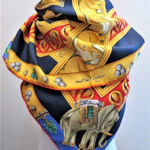 CARTIER SCARF, "La Route des Indes" Motif, 100% Silk, Made in France, Cartier Foulard Soie, Vintage Scarves, Elephants, Navy Blue Scarf image 6