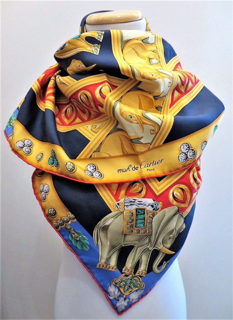 CARTIER SCARF, "La Route des Indes" Motif, 100% Silk, Made in France, Cartier Foulard Soie, Vintage Scarves, Elephants, Navy Blue Scarf image 6