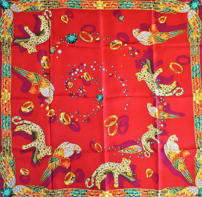 CARTIER SCARF, "Jeweled Menagerie" Motif, 100% Silk w Cartier Tag, Made in France, Cartier Foulard Soie, Vintage Cartier, Cartier Panther image 2