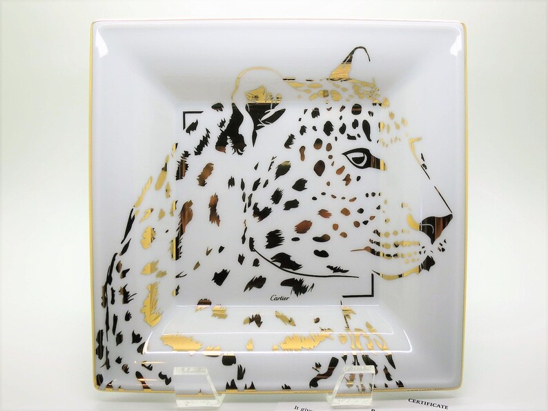 CARTIER TRAY, "Leopard" Panthere Motif, Ideal for Jewelry & Vanity, Luxury Fine Porcelain, 18kt Gold Decor, Limoges Porcelain, Trinket Tray