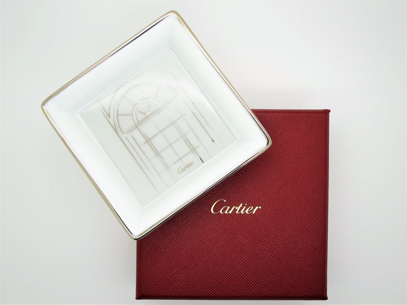 CARTIER MINI TRAY, "Rue de la Paix" Decor, Platinum Finish Motif & Trim, Cartier Trinket Tray, Cartier Ring Dish, Fine Porcelain, Limoges image 1