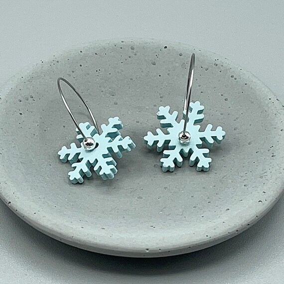 Ice Blue Snowflake Earring. Ceramic.