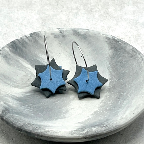 Ceramic Dangle Earrings. Black and Blue Star