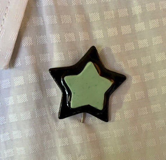 Star Brooch Pin. Ceramic Lapel Pin. Black and Green.