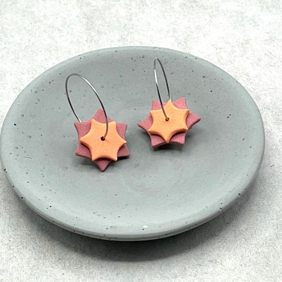 Ceramic Dangle Earrings. Red and Orange Star.