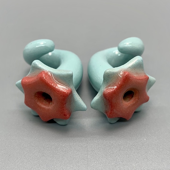 Ceramic ear Gauges. 00 gauge, 0 gauge, 2 gauge. Turquoise and red flower design