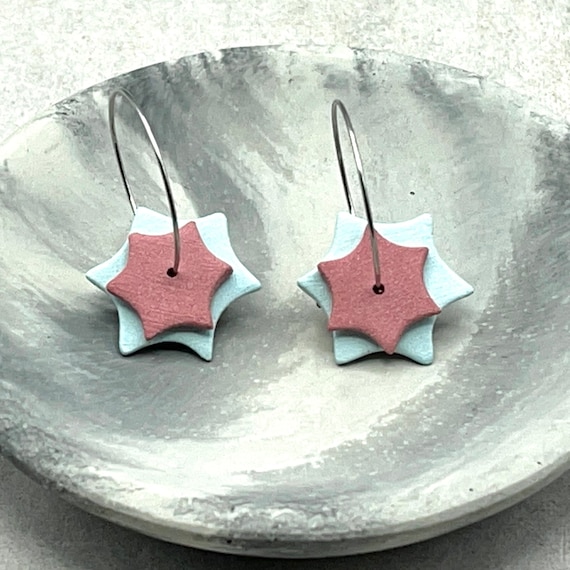 Ceramic Drop Earrings. Turquoise and Red Star.