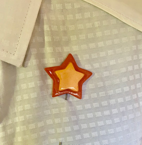 Star Brooch Pin. Ceramic Lapel Pin. Red and Orange