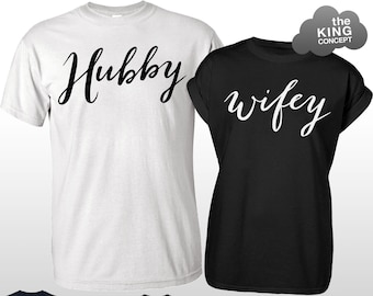 Wifey & Hubby T-Shirts Tee Wife Husband Tops Couples Gift Set Just Married Present T-Shirt Tees