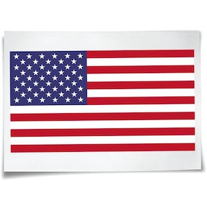 May include: A red, white and blue American flag with 50 white stars on a blue field. The flag is on a white background.