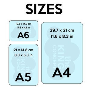 May include: A chart showing the different sizes of paper, A4, A5, and A6. The chart shows the dimensions in both centimeters and inches.