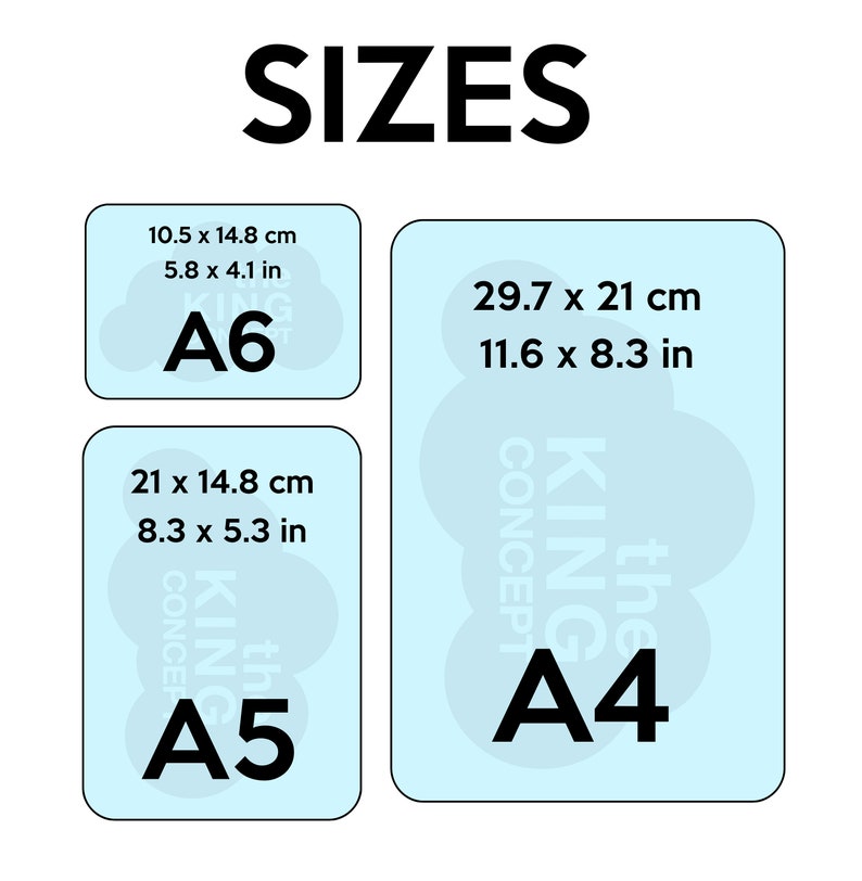 May include: A chart showing the different sizes of paper, A4, A5, and A6. The chart shows the dimensions in both centimeters and inches.