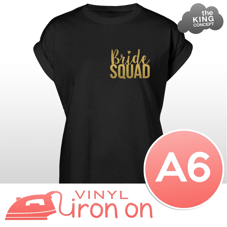 May include: Black t-shirt with gold vinyl iron-on lettering that says "Bride Squad". The t-shirt is size A6.