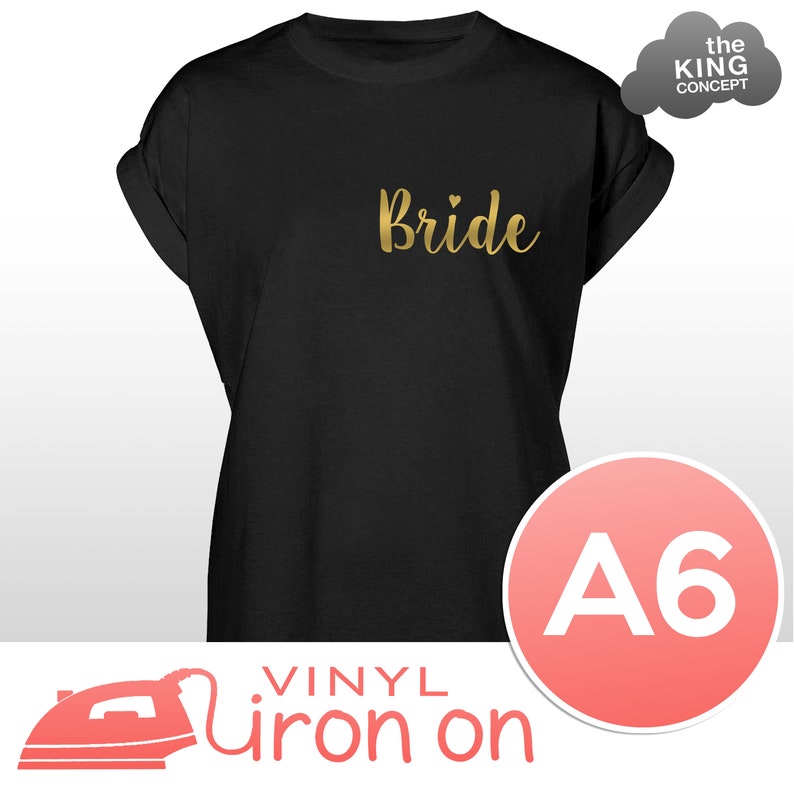 May include: Black t-shirt with gold vinyl iron-on lettering that says "Bride" with a small heart above the "e". The t-shirt is size A6.