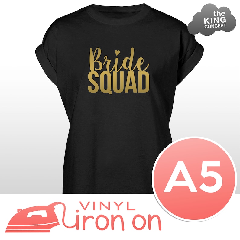 May include: Black t-shirt with gold vinyl iron-on lettering that says "Bride Squad". The t-shirt is a women's size A5.