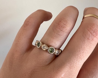 Bezel Set 14k White and Green Diamond and 14k White Gold Ring