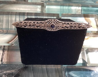 Antique White Gold and Sapphire Filigree Pin
