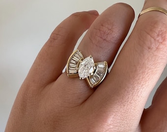 Vintage Marquise Diamond 14k Yellow Gold Wedding Set