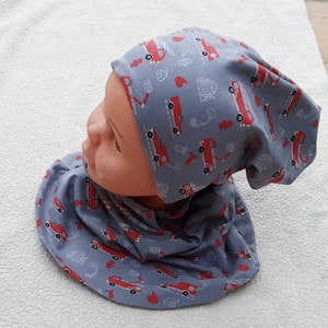 Beanie set, beanie + neck sock with fire cars, loop, slip scarf, set, beanie loop set, hat