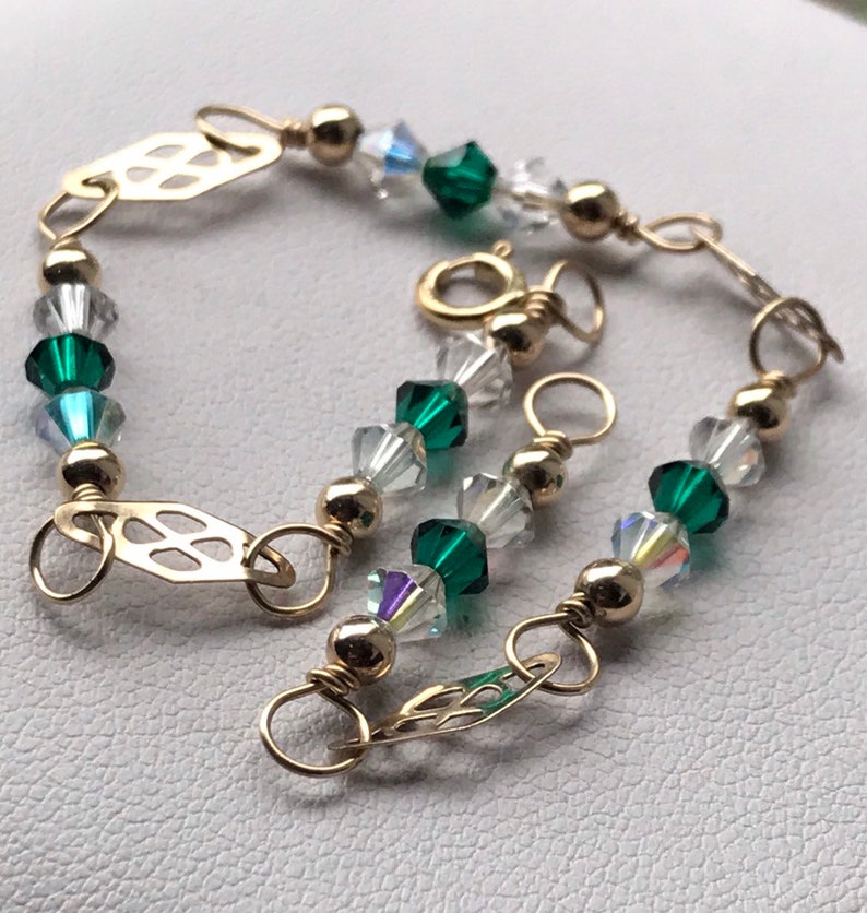 Vintage Sterling Silver 925 14k Gold Filled Green and Clear Quartz Bead link chain boho bracelet 7 inch