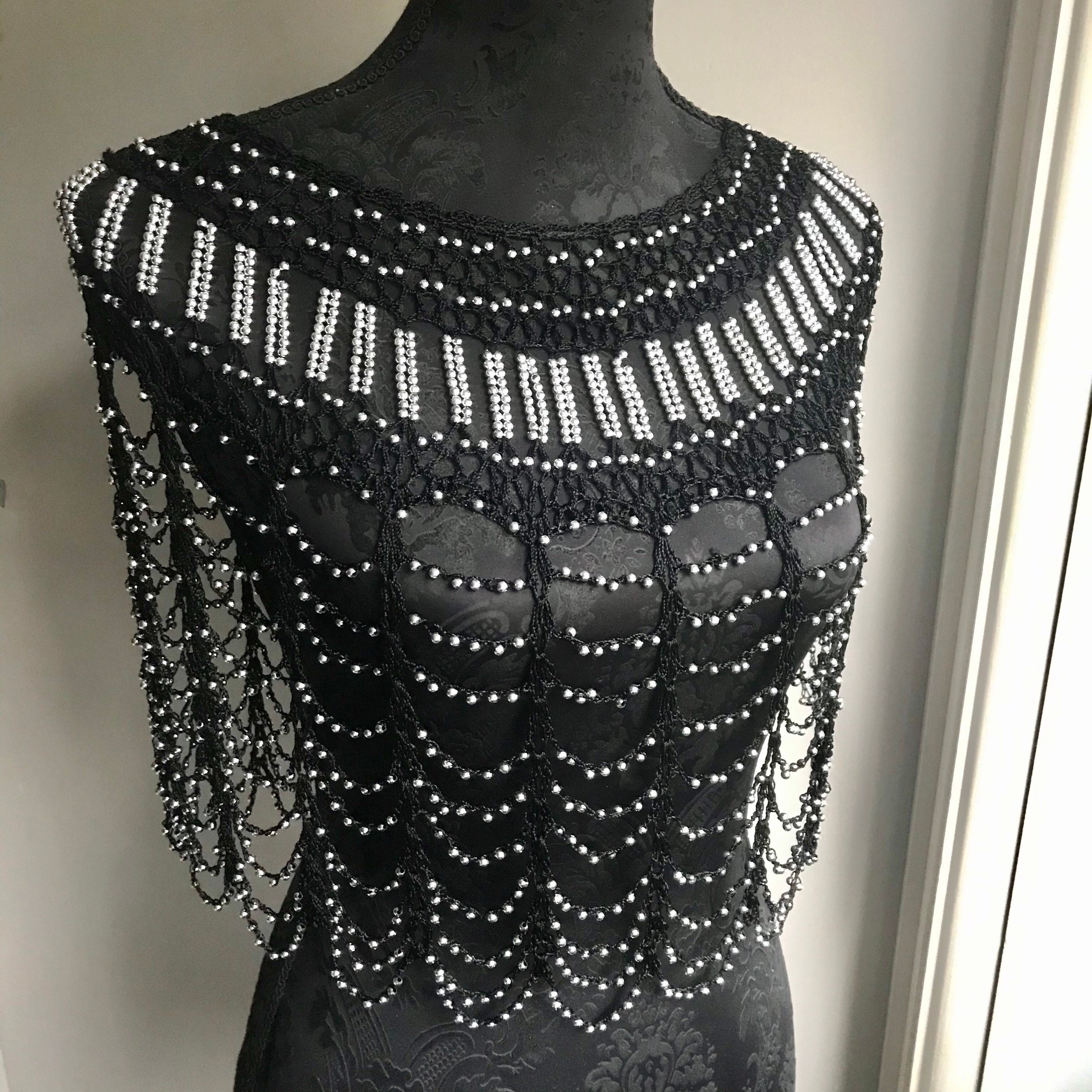 Beautiful Shawl Cover up Cape Crochet Black Silver Beads | Etsy