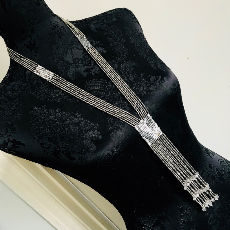 Statement boho drop y dangle Bib Fashion Modern silver grey necklace Bead chain birthday wedding summer anniversary gift