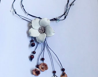 Statement boho bohemian drop Bib Modern long leather necklace flower beads white silver gold semi precious clear Quartz birthday gift