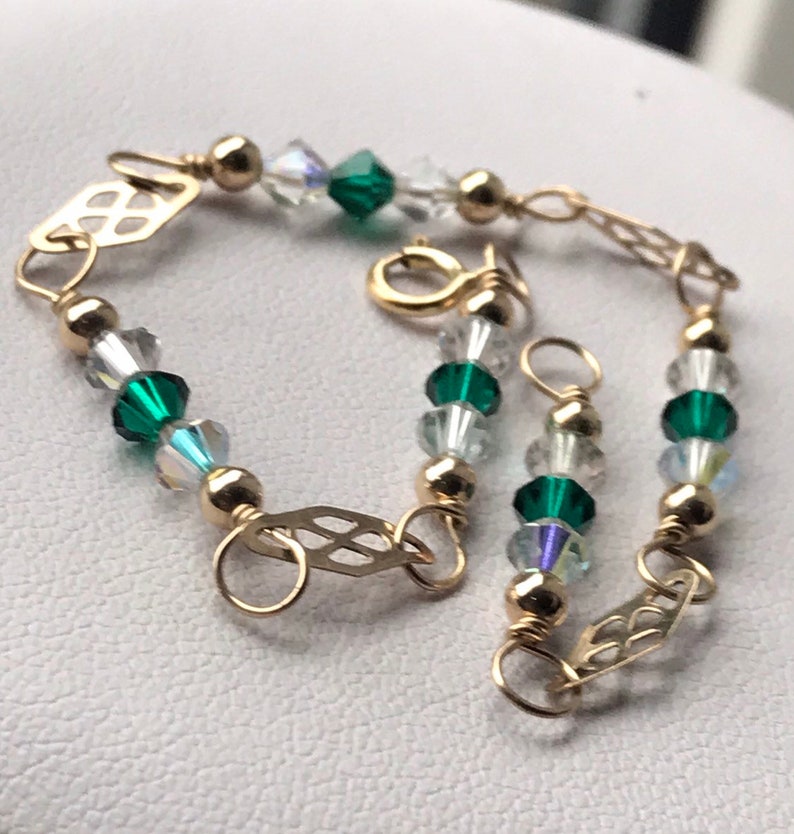 Vintage Sterling Silver 925 14k Gold Filled Green and Clear Quartz Bead link chain boho bracelet 7 inch