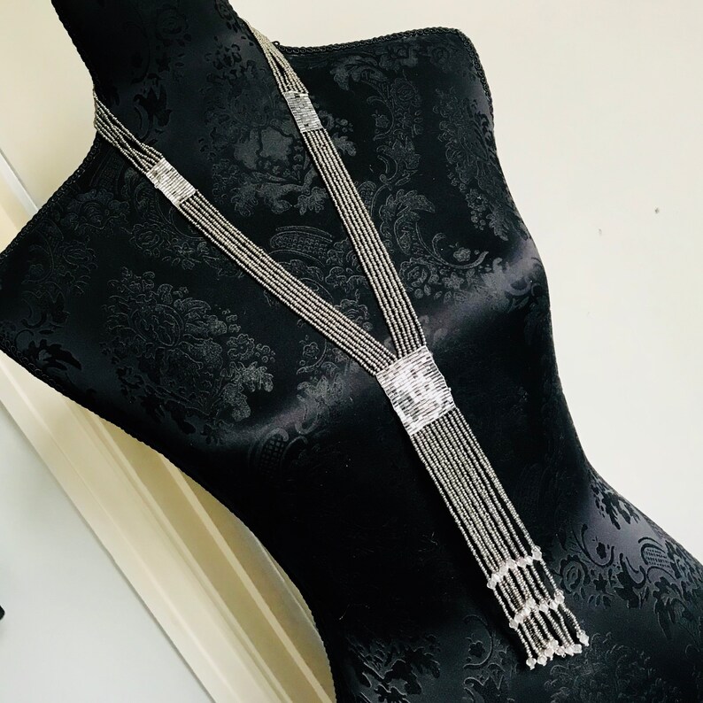 Statement boho drop y dangle Bib Fashion Modern silver grey necklace Bead chain birthday wedding summer anniversary gift