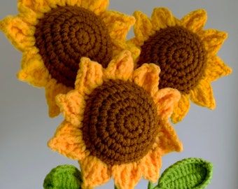 Set of 3 Sunflower Crochet Flower 1 stem knitted floral