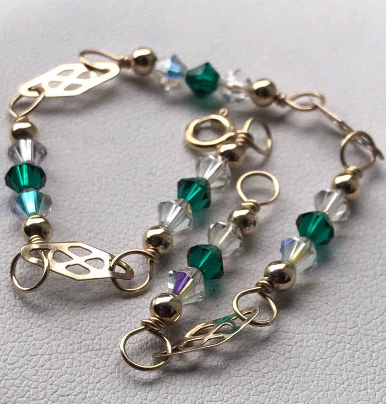 Vintage Sterling Silver 925 14k Gold Filled Green and Clear Quartz Bead link chain boho bracelet 7 inch