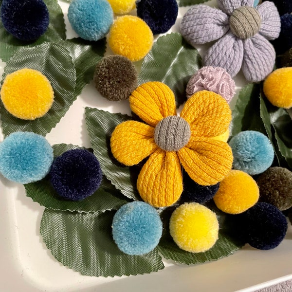 APH African Pygmy Hedgehog Pom Poms Fourrage Plateau et contenu. Fleurs en tissu feuilles artisanat décoration jaune Jouets gris