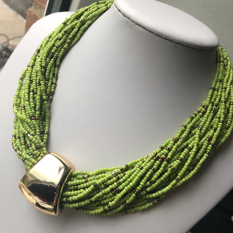 Statement boho Bib Fashion Modern multi coloured Green layered necklace Bead Beaded birthday anniversary gift Christmas