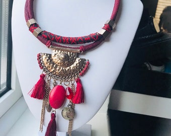 Statement boho drop Bib Fashion Modern necklace red gold tone tassels crystal birthday wedding summer gift