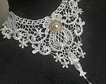 Belle déclaration ras du cou fait main en dentelle blanche gothique victorien boho collier de perles fleur pendantes perles de mariage cadeau de fête d'été