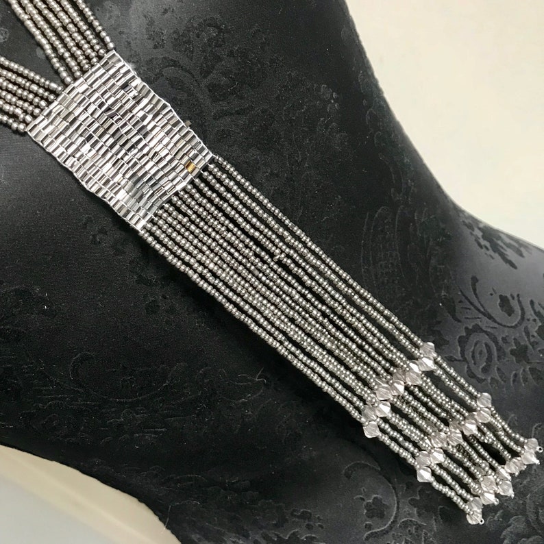 Statement boho drop y dangle Bib Fashion Modern silver grey necklace Bead chain birthday wedding summer anniversary gift