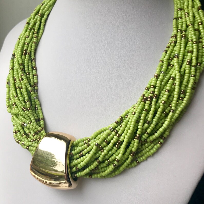 Statement boho Bib Fashion Modern multi coloured Green layered necklace Bead Beaded birthday anniversary gift Christmas