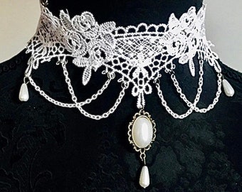 choker handmade white Lace gothic Victorian boho Bohemian bead charm necklace Pearl dangle bead wedding Renfaire renaissance fantasy cosplay