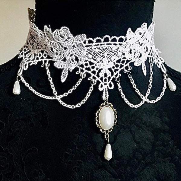 choker handmade white Lace gothic Victorian boho Bohemian bead charm necklace Pearl dangle bead wedding Renfaire renaissance fantasy cosplay