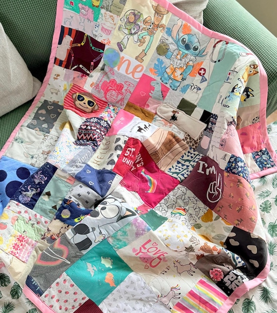 childs and adult memory quilt made from clothing with top stitching , picture quilt baby-kid, great gift option, personalized, onesies,