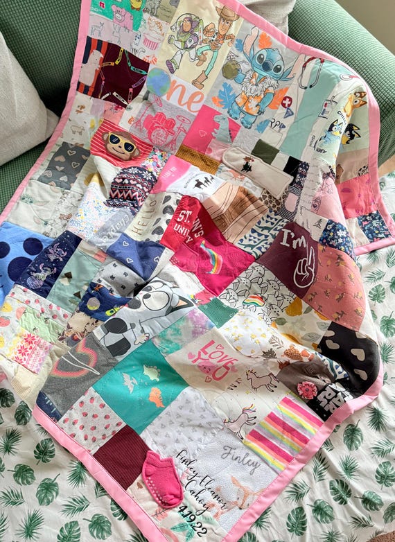 childs and adult memory quilt made from clothing with top stitching , picture quilt baby-kid, great gift option, personalized, onesies,