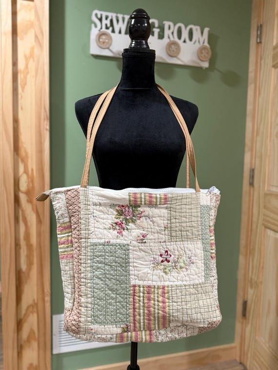 refurbished tote made from vintage quilt over the shoulder bag