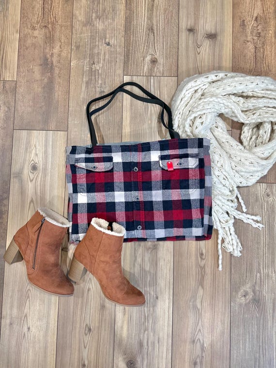 keepsake flannel shirt tote bag. upcycled tote bag. memory keepsake item