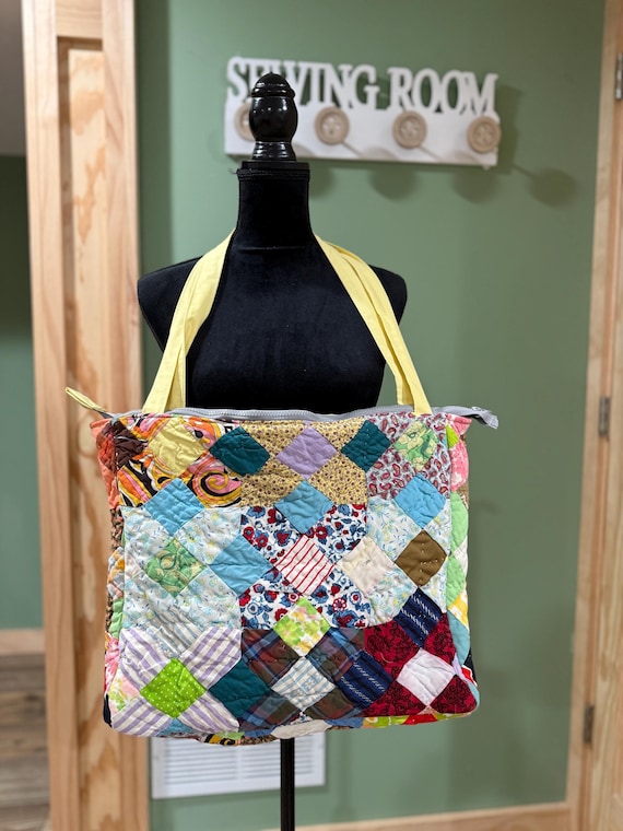 refurbished tote made from vintage quilt over the shoulder bag