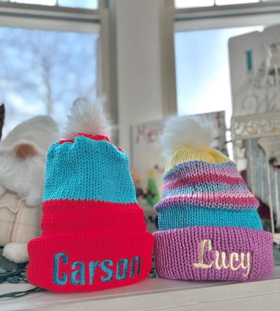 knitted hat with personalized embroidered name- knitted child hat- knitted toddler hat- knitted adult hat