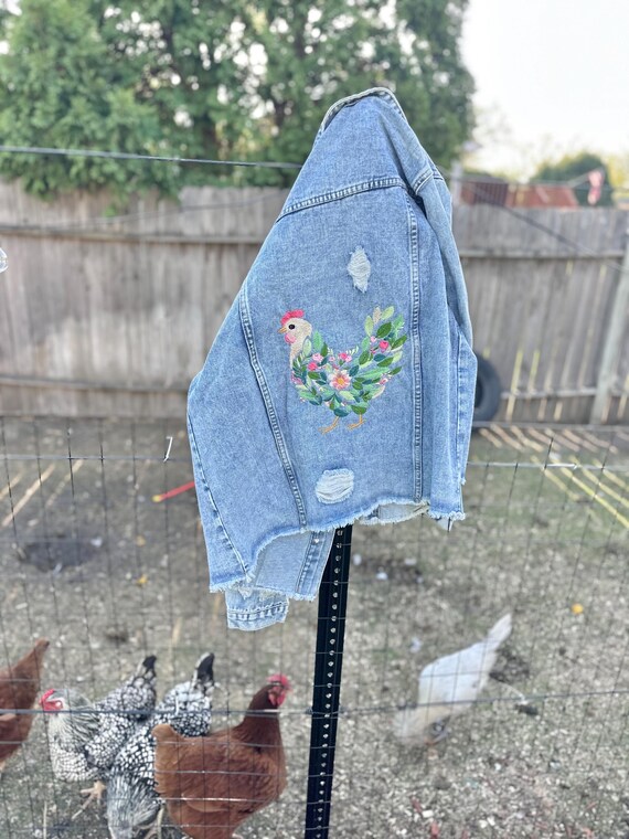 woman’s embroidered chicken jean jacket, woman’s clothing and jackets made with embroidery
